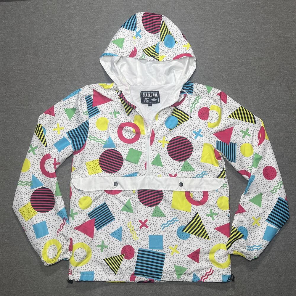 Vintage Black Jack Jacket Mens Medium Multicolor Hooded Anorak Windbreaker 90s